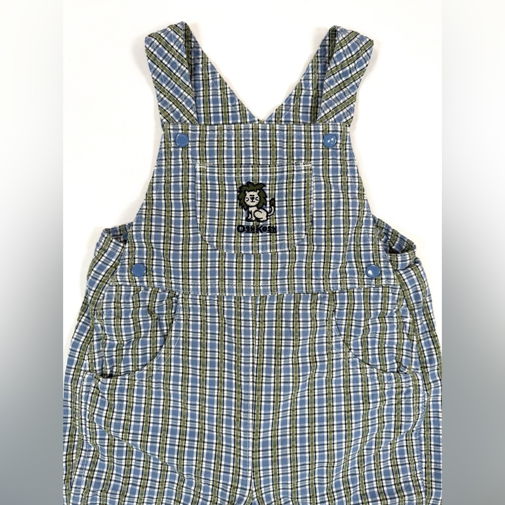 VINTAGE OSHKOSH Boys Plaid Overalls 6-9m Lion Embroidered 90s Y2K Cottagecore - Picture 2 of 13